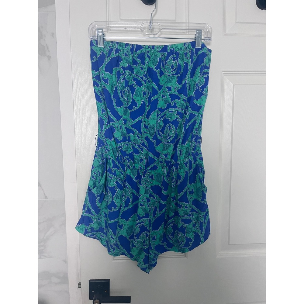 Lilly Pulitzer Blue Green Elephant Print Strapless Romper M Resort Preppy